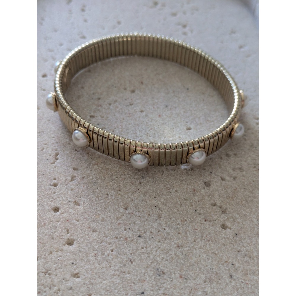 Gold Tone Omega Stretch Bracelet With Faux Pearl Beads Classic Everyday Wear